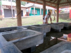 L'installation de ce lavoir est très efficace. Les vêtements sont lavés dans une des cuves de béton alors que l'eau claire du fond du lavoir est recueillie à l'aide d'un récipient. Livingston, Guatemala.