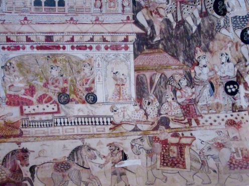 Peinture murale dans l'une des pièces du temple Laxmi Narayan, Orchha, Inde.